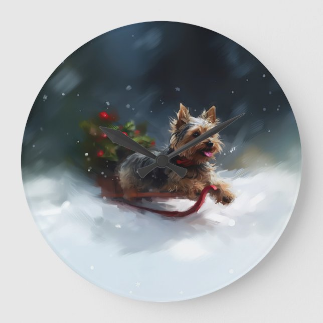 Yorkshire Terrier-jul-snö-vinter Stor Klocka (Framsida)