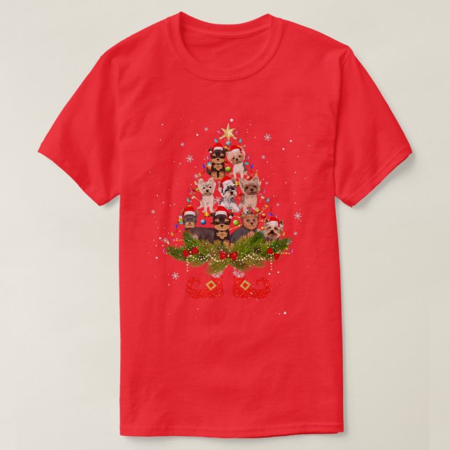 Yorkshire Terrier Julgran Ljus Hund Santa T Shirt (Design framsida)