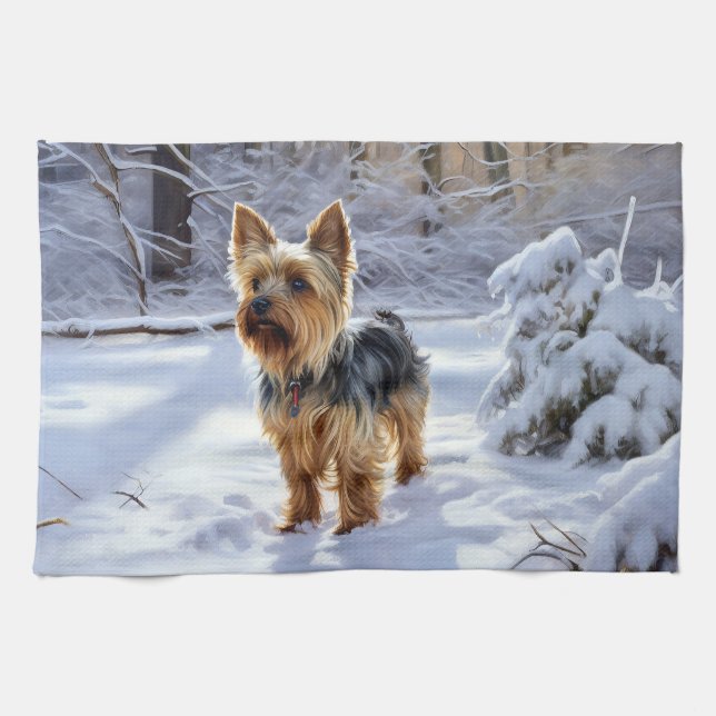 Yorkshire Terrier Låt det snöa jul Kökshandduk (Horisontell)