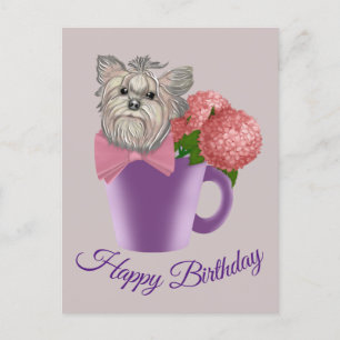 Yorkshire Terrier med blommor Grattis på födelseda Vykort