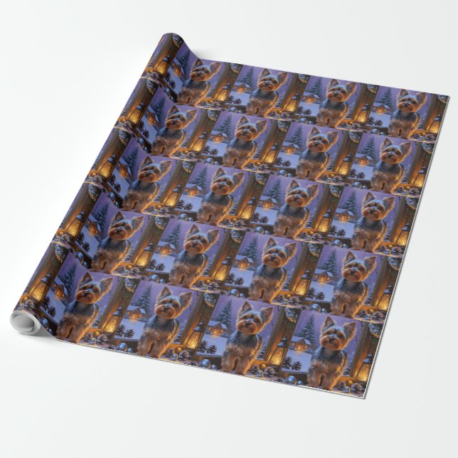 Yorkshire Terrier Med Julbelysning Semester Presentpapper (Utrullad)