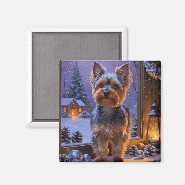 Yorkshire Terrier Med Julbelysning Semestern Magnet (Front/Back)