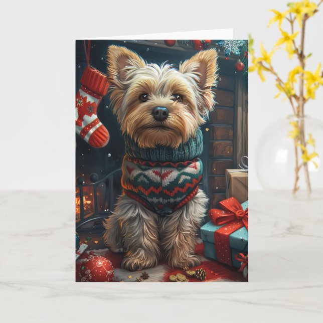 Yorkshire Terrier Med Julpresenter Öppen Spis Kort (Gul blomma)