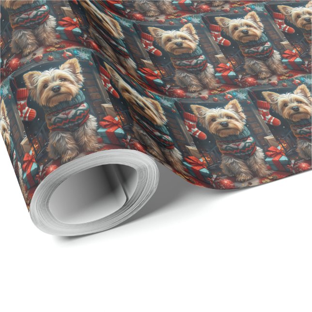 Yorkshire Terrier Med Julpresenter Öppen Spis Presentpapper (Rulle Hörn)