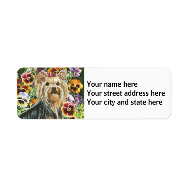 Yorkshire Terrier med Pansies Returadress Etikett (Framsidan)