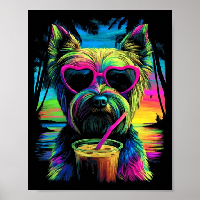 Yorkshire Terrier med Sungles Iced Coffee sommar Poster (Framsidan)