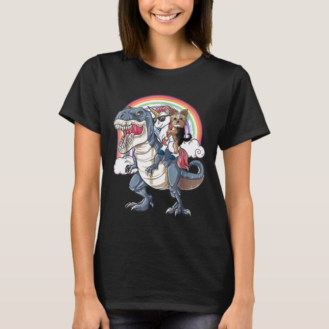Yorkshire Terrier Och Enhörning Ridar T Rex Som Bo Shirt (Framsida)
