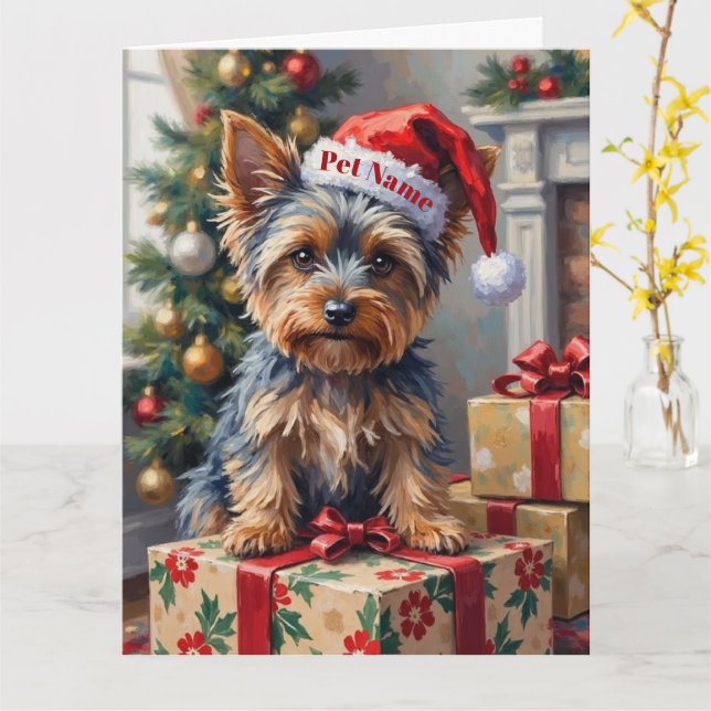Yorkshire Terrier on Presents with Santa Hat Kort (Gul blomma)
