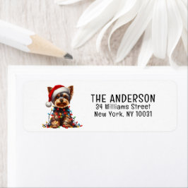 Yorkshire Terrier On Santa Hat And Christmas Light Returadress Etikett