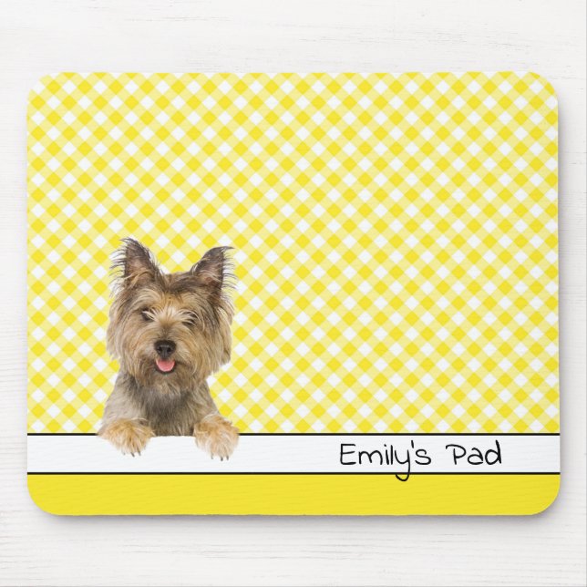 Yorkshire Terrier på Gult Gingham Musmatta (Framsidan)
