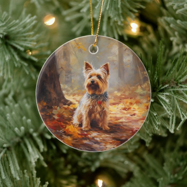 Yorkshire Terrier på höstlöv Fall Inspirera Julgransprydnad Keramik (Träd)
