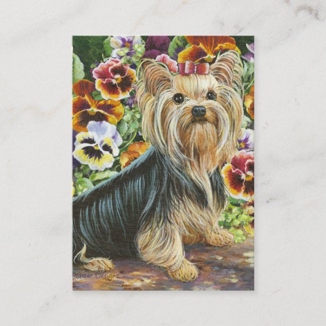 Yorkshire Terrier & Pansies Painting Visitkort (Framsida)