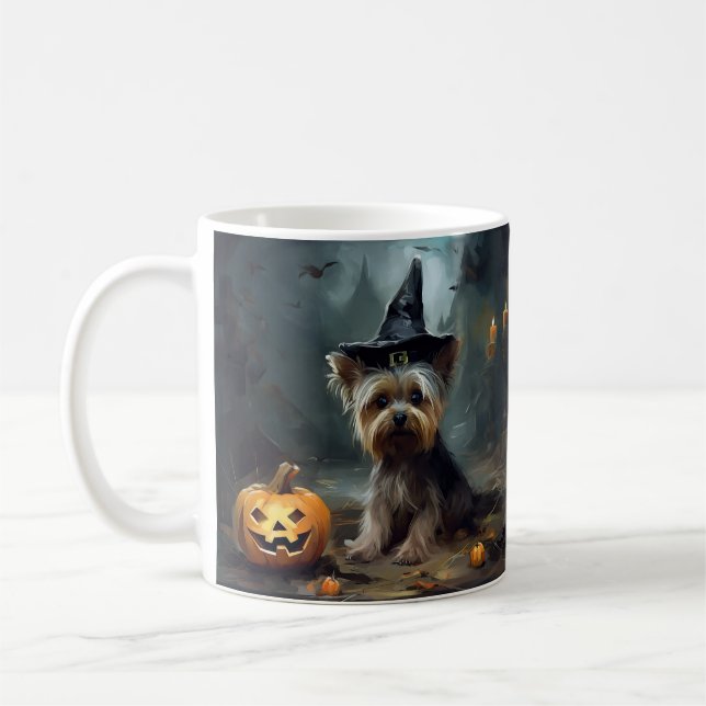 Yorkshire Terrier Pumpa Halloween Skräckinjagande Kaffemugg (Vänster)