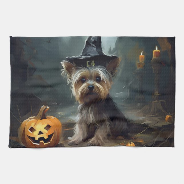 Yorkshire Terrier Pumpakvar Halloween Skräckinjaga Kökshandduk (Horisontell)