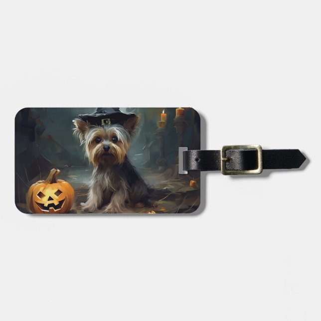 Yorkshire Terrier Pumpkins Halloween Scary Bagagebricka (Horisontell Framsida)