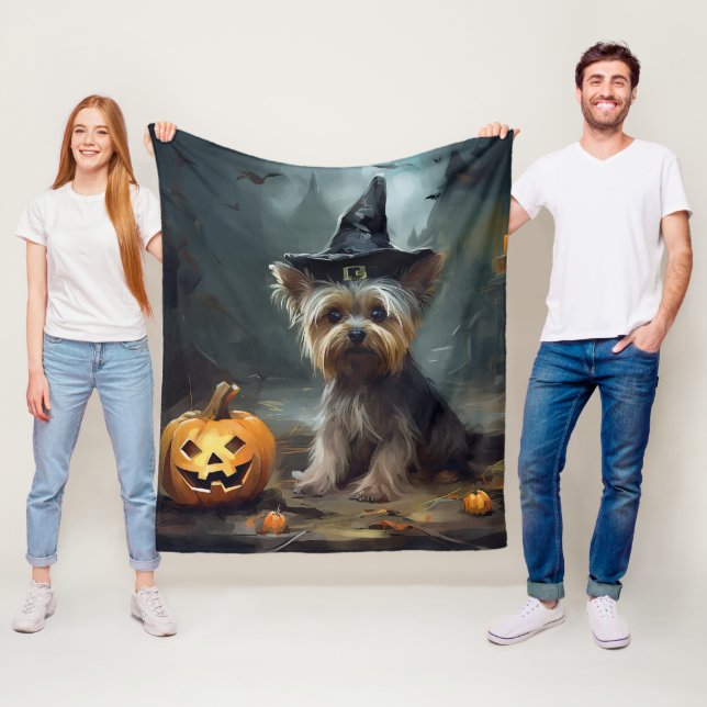 Yorkshire Terrier Pumpkins Halloween Scary Fleecefilt (På plats)