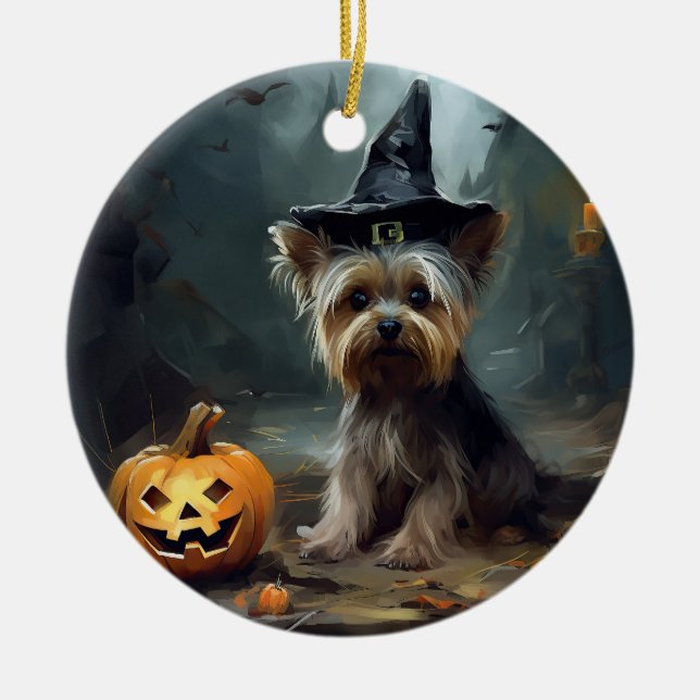 Yorkshire Terrier Pumpkins Halloween Scary Julgransprydnad Keramik (Framsidan)
