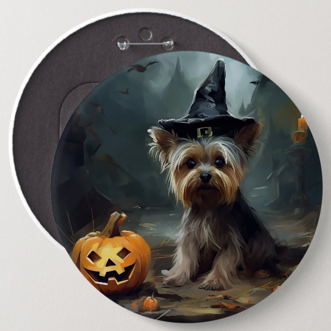 Yorkshire Terrier Pumpkins Halloween Scary Knapp (Framsida & baksida)