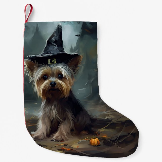 Yorkshire Terrier Pumpkins Halloween Scary Liten Julstrumpa (Framsidan)
