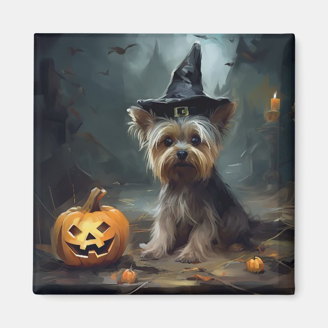 Yorkshire Terrier Pumpkins Halloween Scary Magnet (Framsidan)