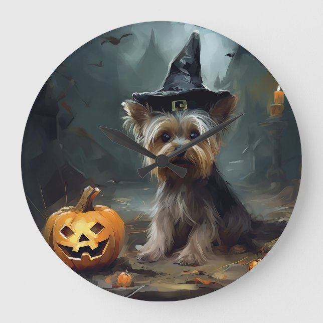 Yorkshire Terrier Pumpkins Halloween Scary Stor Klocka (Framsida)
