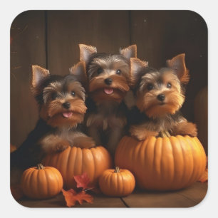 Yorkshire Terrier Puppy Autumn Delight Pumpkin Fyrkantigt Klistermärke