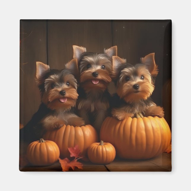 Yorkshire Terrier Puppy Autumn Delight Pumpkin Magnet (Framsidan)