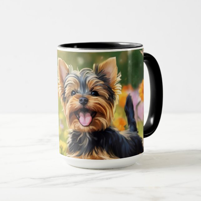 Yorkshire Terrier Puppy Fält i Flowers Mugg (Framsida höger)
