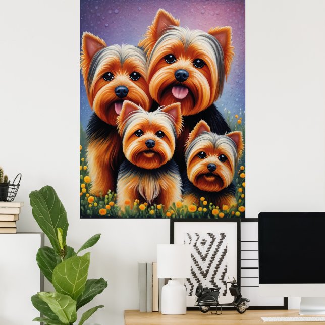 Yorkshire Terrier Puppy Family Colorful Porträtt Poster (Hemmakontoret)