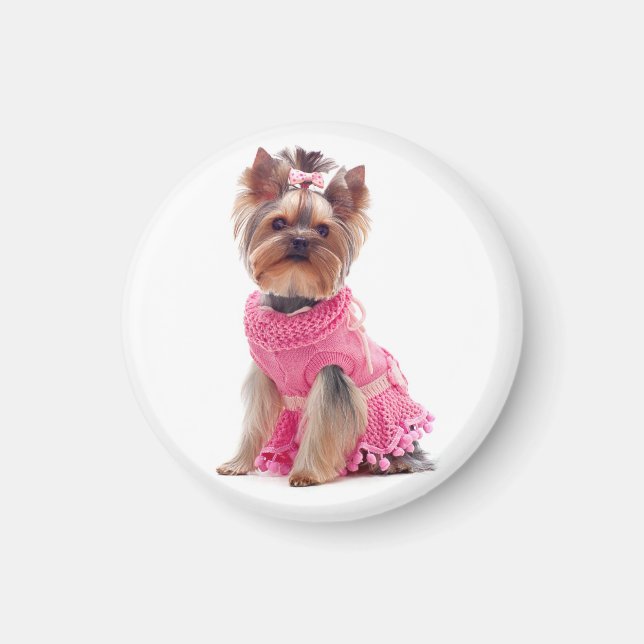 Yorkshire Terrier Puppy Hund i Rosa Dress Magnet (Framsidan)