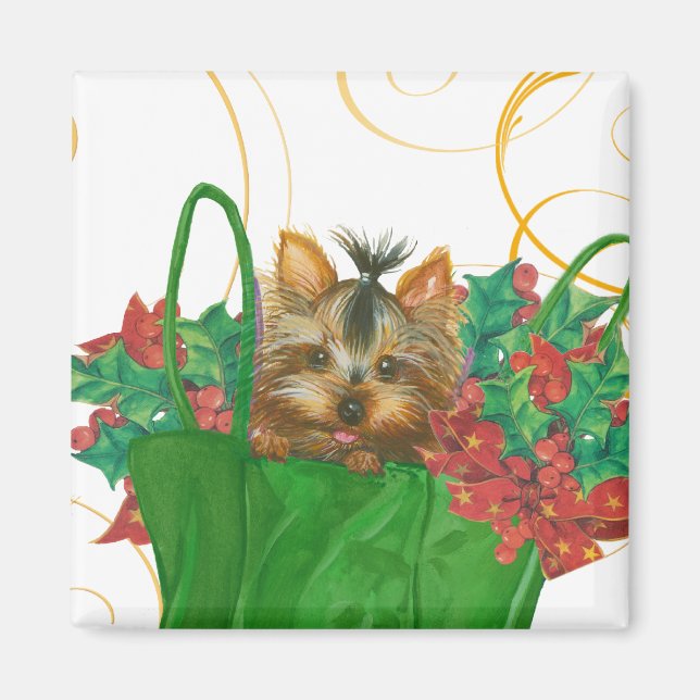 Yorkshire Terrier Puppy jul Hälsning Magnet (Framsidan)