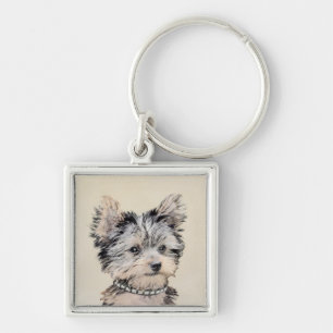 Yorkshire Terrier Puppy Painting Original Hund Art Fyrkantig Silverfärgad Nyckelring
