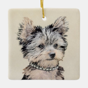 Yorkshire Terrier Puppy Painting Original Hund Art Julgransprydnad Keramik