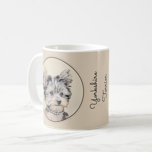 Yorkshire Terrier Puppy Painting Original Hund Art Kaffemugg (Framsida vänster)