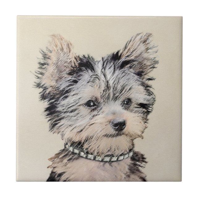 Yorkshire Terrier Puppy Painting Original Hund Art Kakelplatta (Framsidan)