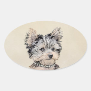 Yorkshire Terrier Puppy Painting Original Hund Art Ovalt Klistermärke