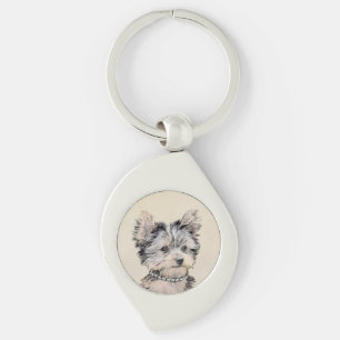 Yorkshire Terrier Puppy Painting Original Hund Art Swirl Silverfärgad Nyckelring