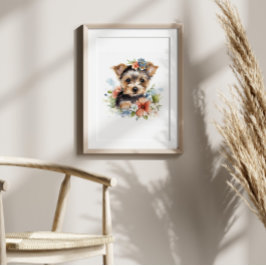 Yorkshire Terrier Puppy Pet Watercolor Flower Poster