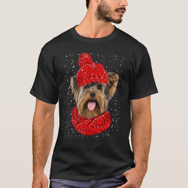 Yorkshire Terrier Red Winter Hat jul Scarf D T Shirt (Framsida)