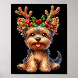 Yorkshire Terrier Reindeer Santa Hat Julafton Ljus Poster