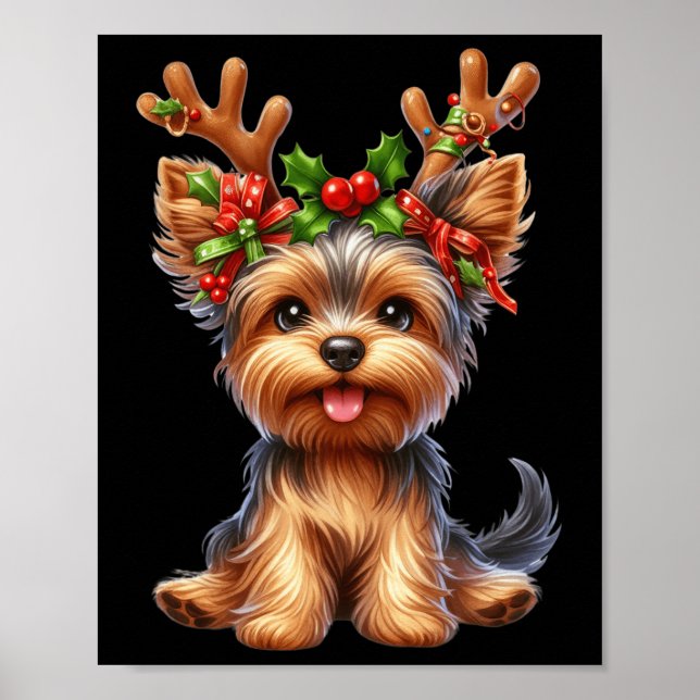 Yorkshire Terrier Reindeer Santa Hat Julafton Ljus Poster (Framsidan)