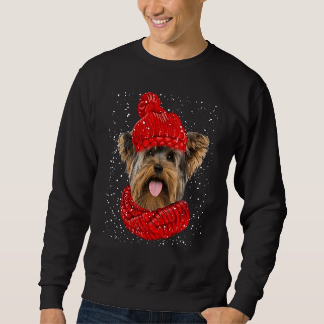 Yorkshire Terrier Röd Vinter Hatt Julskärp D Lång Ärmad Tröja (Framsida)
