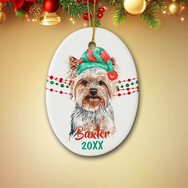 Yorkshire Terrier Santa Hat Helgdag String Pärlor Julgransprydnad Keramik (Skapare uppladdad)