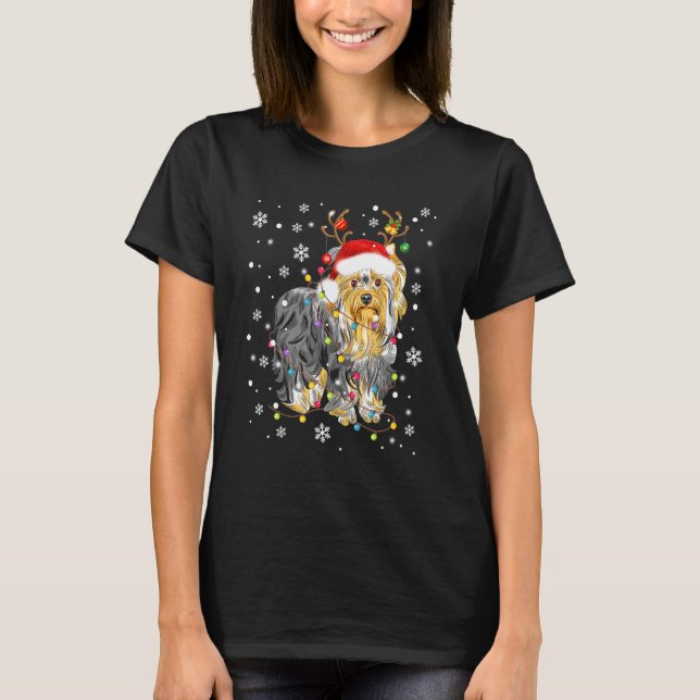 Yorkshire Terrier Santa Hat jul Ljus Julafton T Shirt (Framsida)