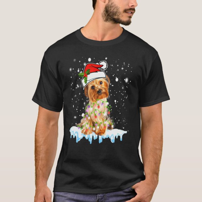 Yorkshire Terrier Santa Hat Julafton Ljus Hund T Shirt (Framsida)