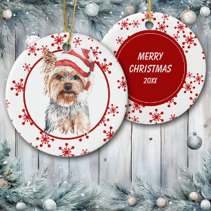 Yorkshire Terrier Santa Hat Red Snowflake Julgransprydnad Keramik