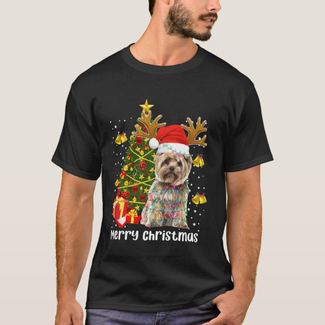 Yorkshire Terrier Santa Julgran Ljus Julafton T Shirt (Framsida)