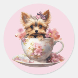 Yorkshire Terrier Sitta i Tea Kopp With Flowers Runt Klistermärke