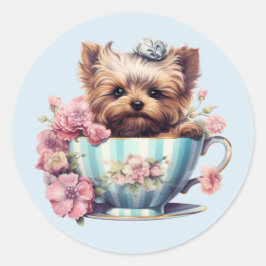 Yorkshire Terrier Sitta i Tea Kopp With Flowers Runt Klistermärke