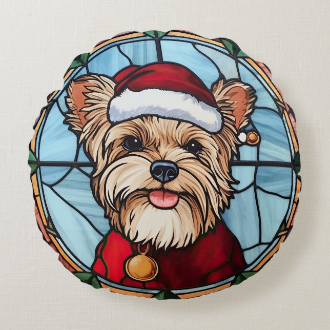 Yorkshire Terrier Stached Glass jul Rund Kudde (Framsidan)